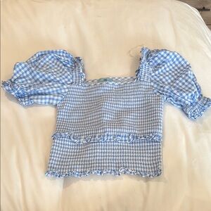 Blue Gingham Puff Sleeve Top